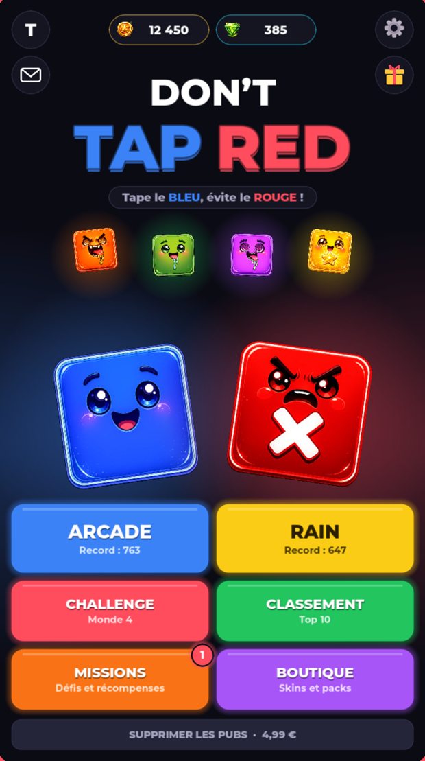 L’écran d’accueil de Don’t Tap Red